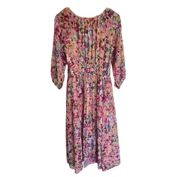 Shoshanna Silk Floral Midi Dress Pink Ruched Keyhole Size 8 - Picture 3 of 8